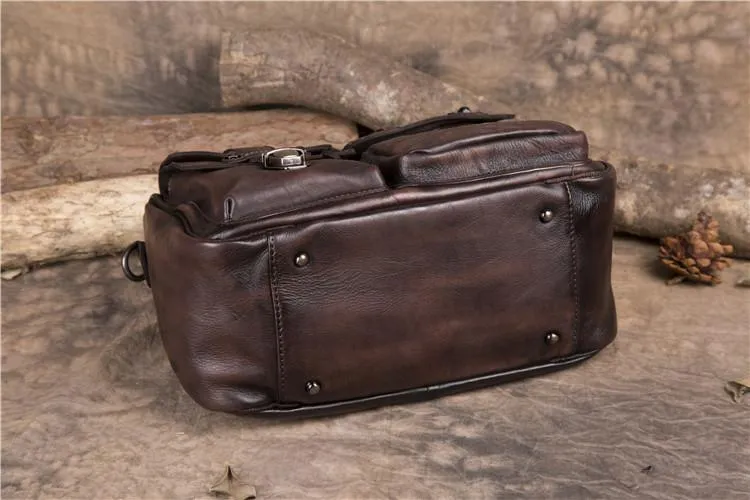 14" Mens Womens Vintage Leather Black Handbag Brown Messenger Bag Red Side Shoulder Bag for Women