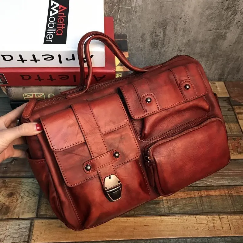 14" Mens Womens Vintage Leather Black Handbag Brown Messenger Bag Red Side Shoulder Bag for Women