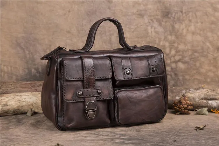 14" Mens Womens Vintage Leather Black Handbag Brown Messenger Bag Red Side Shoulder Bag for Women