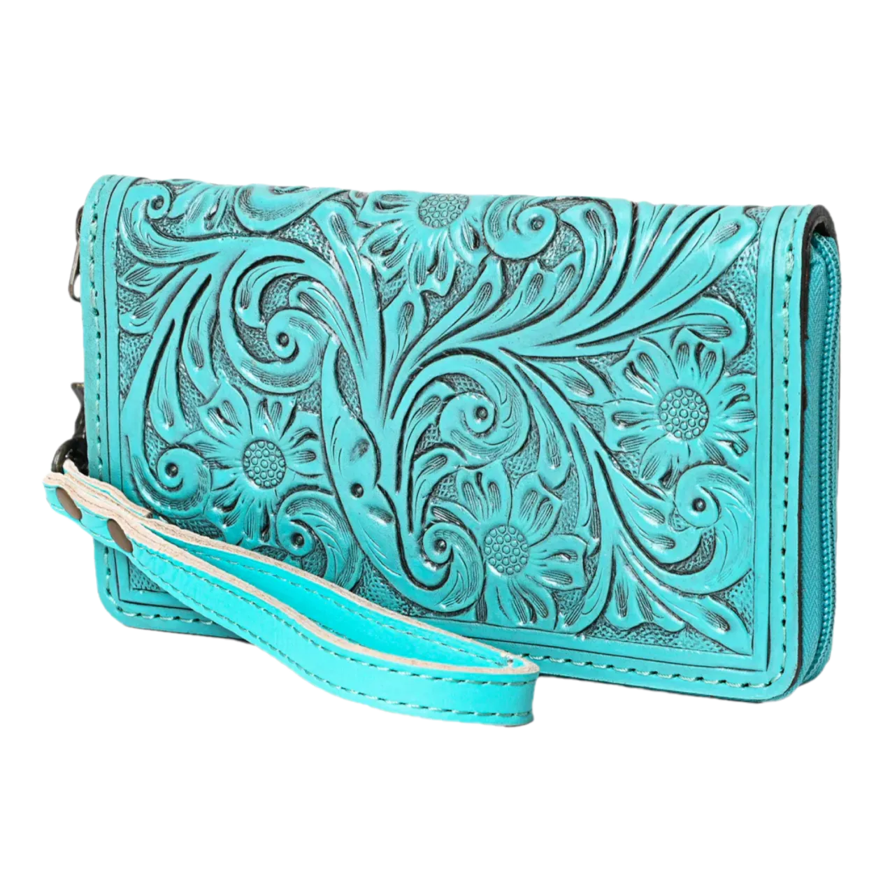 American Darling® Ladies Floral Embossed Turquoise Wristlet ADBG1140D