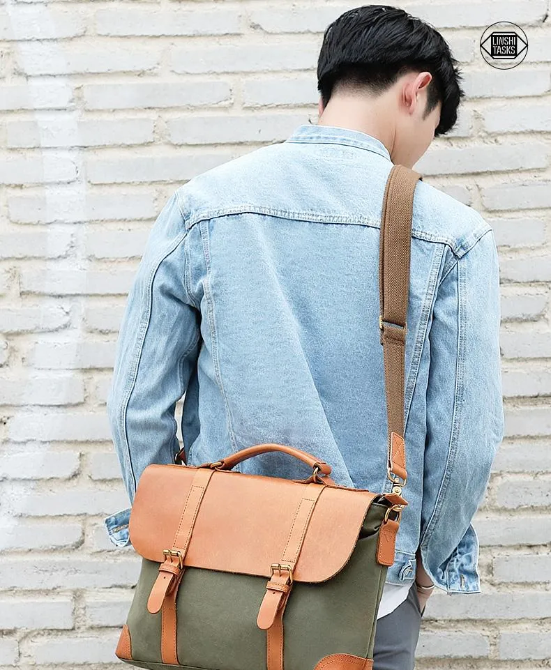 Army Green Leather Canvas Mens Casual Briefcase Shoulder Bag Messenger Bags Casual Courier Bags for Men