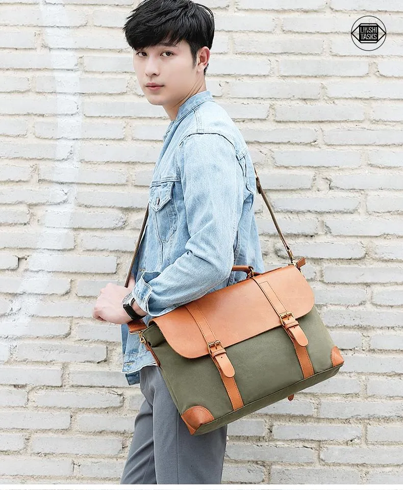 Army Green Leather Canvas Mens Casual Briefcase Shoulder Bag Messenger Bags Casual Courier Bags for Men