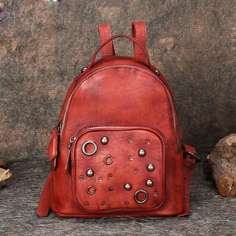 Best Vintage Rivet Brown Leather Rucksack Womens Small School Backpacks Leather Backpack Purse