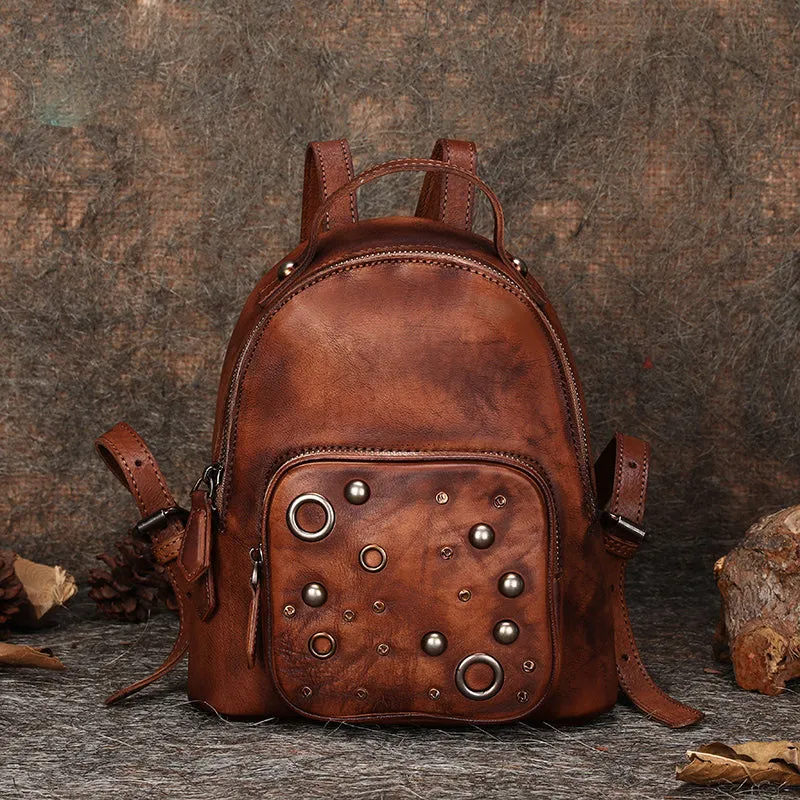 Best Vintage Rivet Brown Leather Rucksack Womens Small School Backpacks Leather Backpack Purse