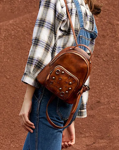 Best Vintage Rivet Brown Leather Rucksack Womens Small School Backpacks Leather Backpack Purse