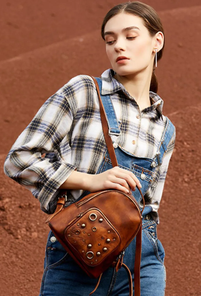 Best Vintage Rivet Brown Leather Rucksack Womens Small School Backpacks Leather Backpack Purse