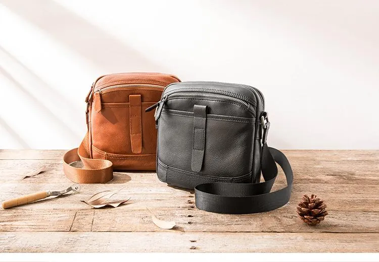 Black Cool Leather Mens Small Shoulder Bags Vertical Messenger Bags Square Phone Bag for Men