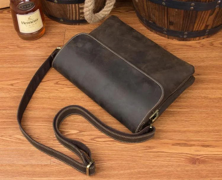 Black Leather 10 inches Mens Casual Messenger Bag Shoulder Bags for Men