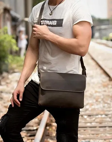 Black Leather 10 inches Mens Casual Messenger Bag Shoulder Bags for Men