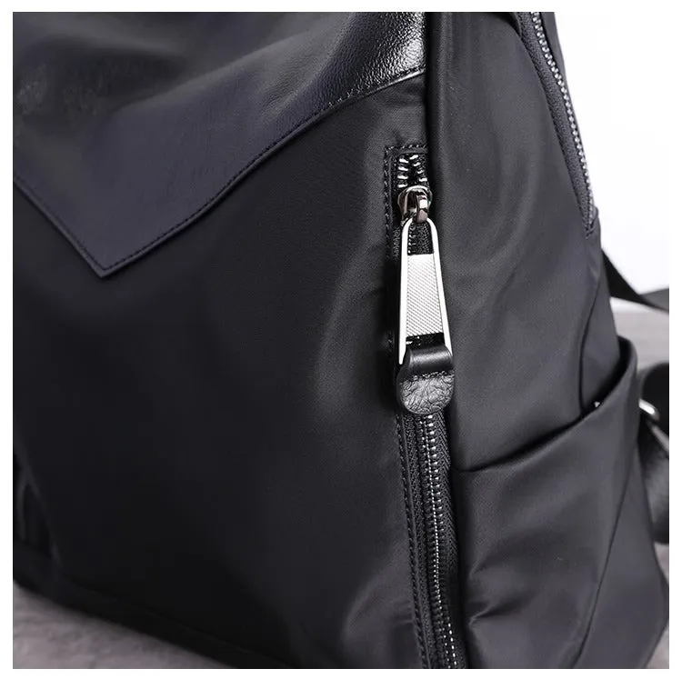 Black Nylon Leather Satchel Rucksack Womens School Backpacks Purse Nylon Leather Travel Rucksack for Ladies