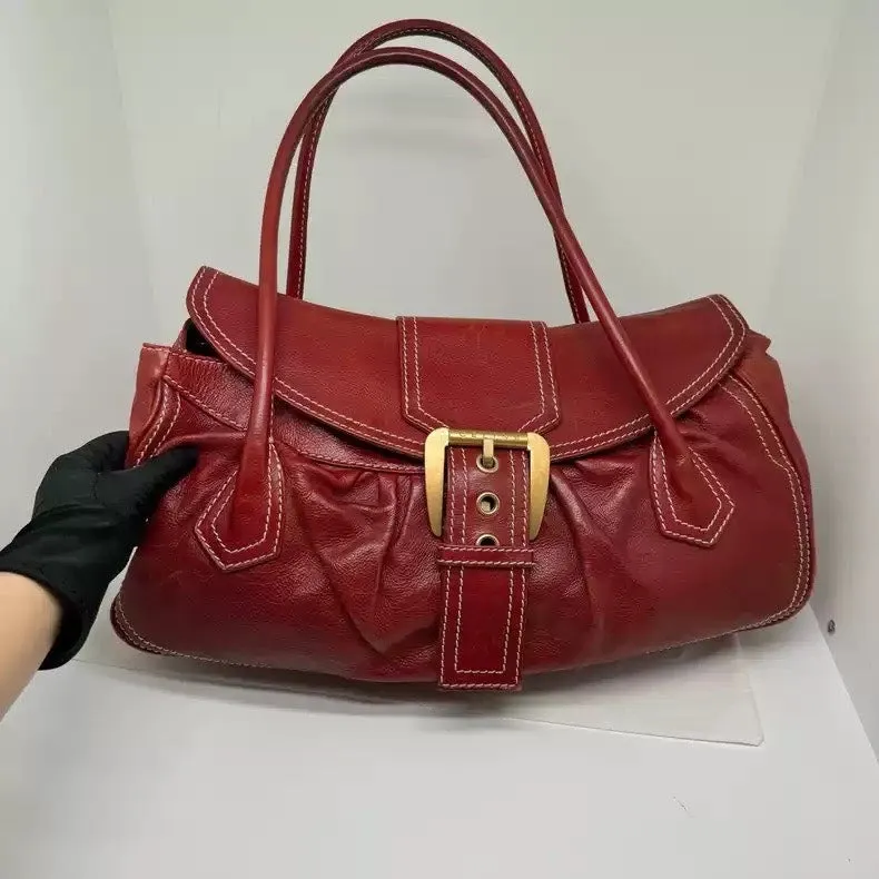 Celine Vintage Dumpling Bag Large Red Gold Buckle Underarm