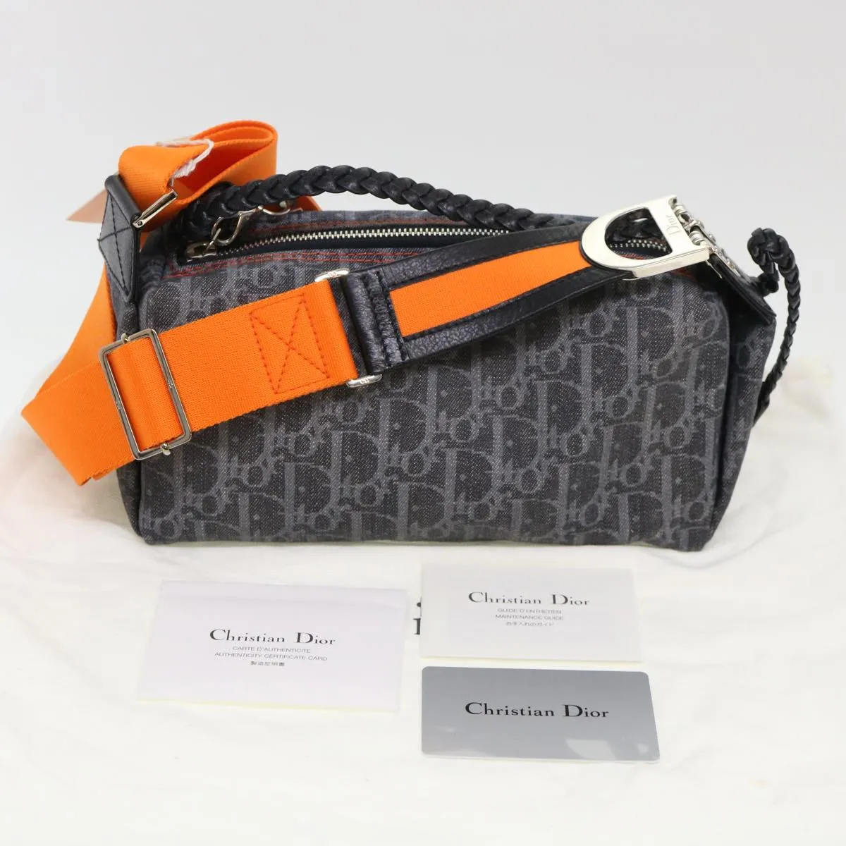 CHRISTIAN DIOR Trotter Canvas Flight Shoulder Bag Navy Orange Auth 39354A