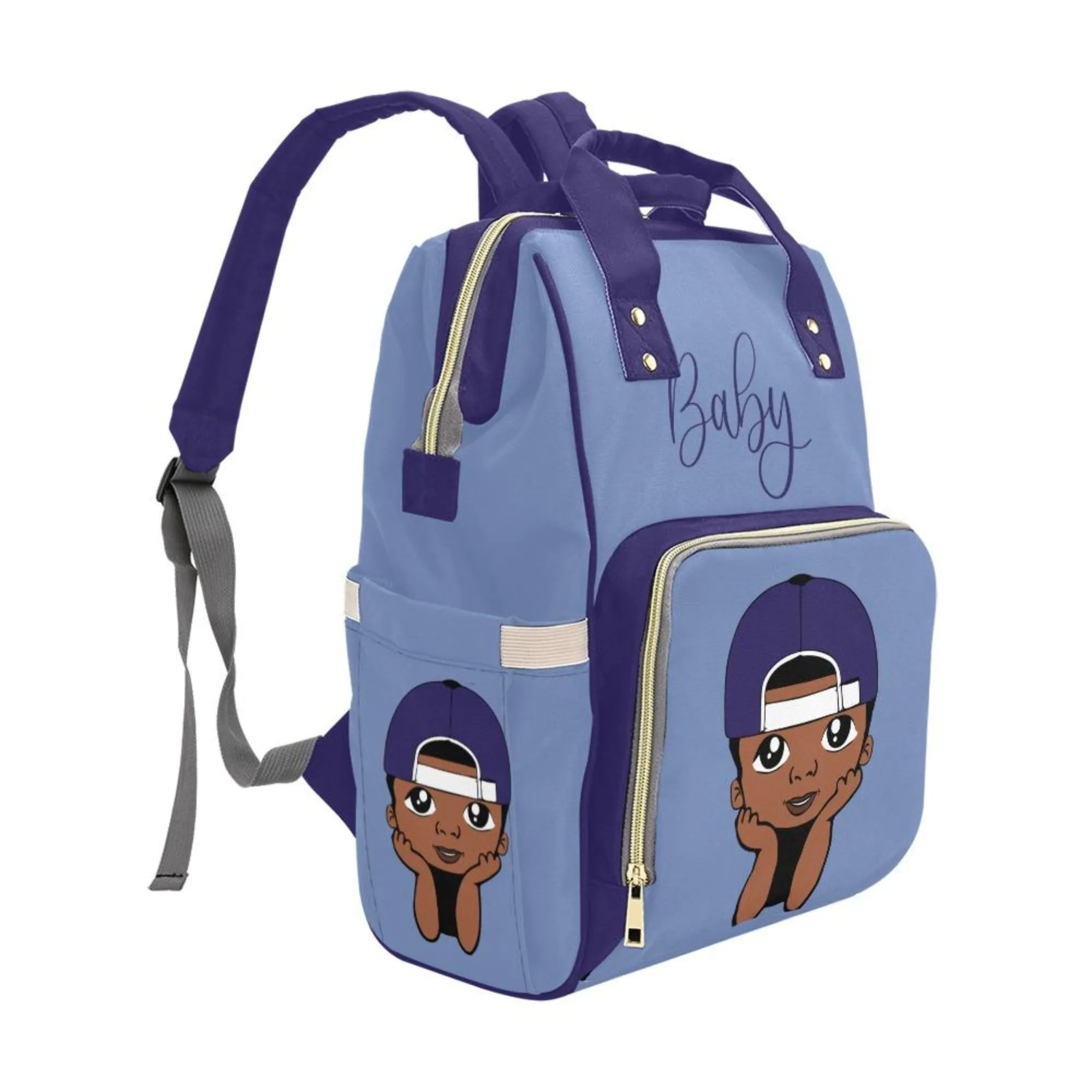 Diaper Bag Backpack - Super Cute African American Baby Boy Sporty Cap Waterproof Backpack