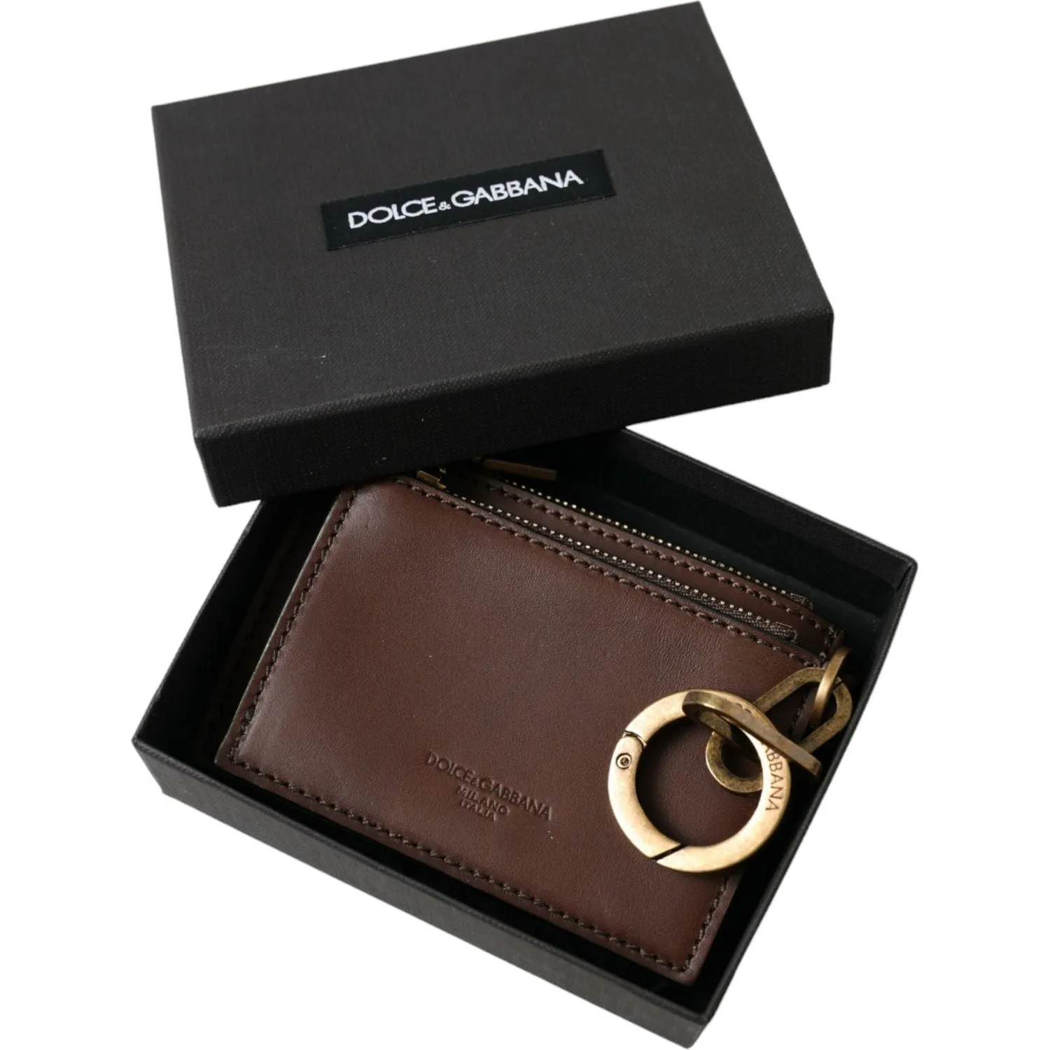 Dolce & Gabbana Brown Leather Zip Logo Keyring Coin Purse Keyring Wallet