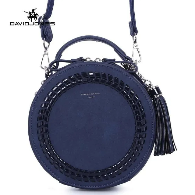 Female Cute PU Criss-Cross Stitch Knitting Round Bag With Tassel