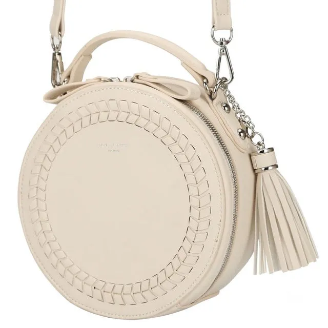 Female Cute PU Criss-Cross Stitch Knitting Round Bag With Tassel