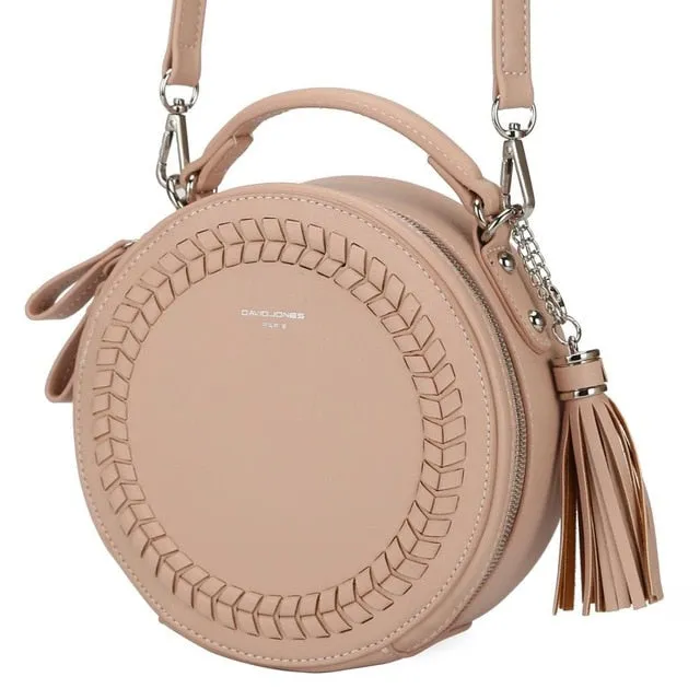 Female Cute PU Criss-Cross Stitch Knitting Round Bag With Tassel