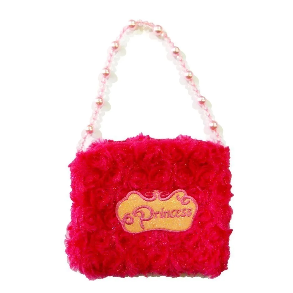 Girls Hot Pink Princess Crown Applique Pearl Shoulder Strap Velvet Purse