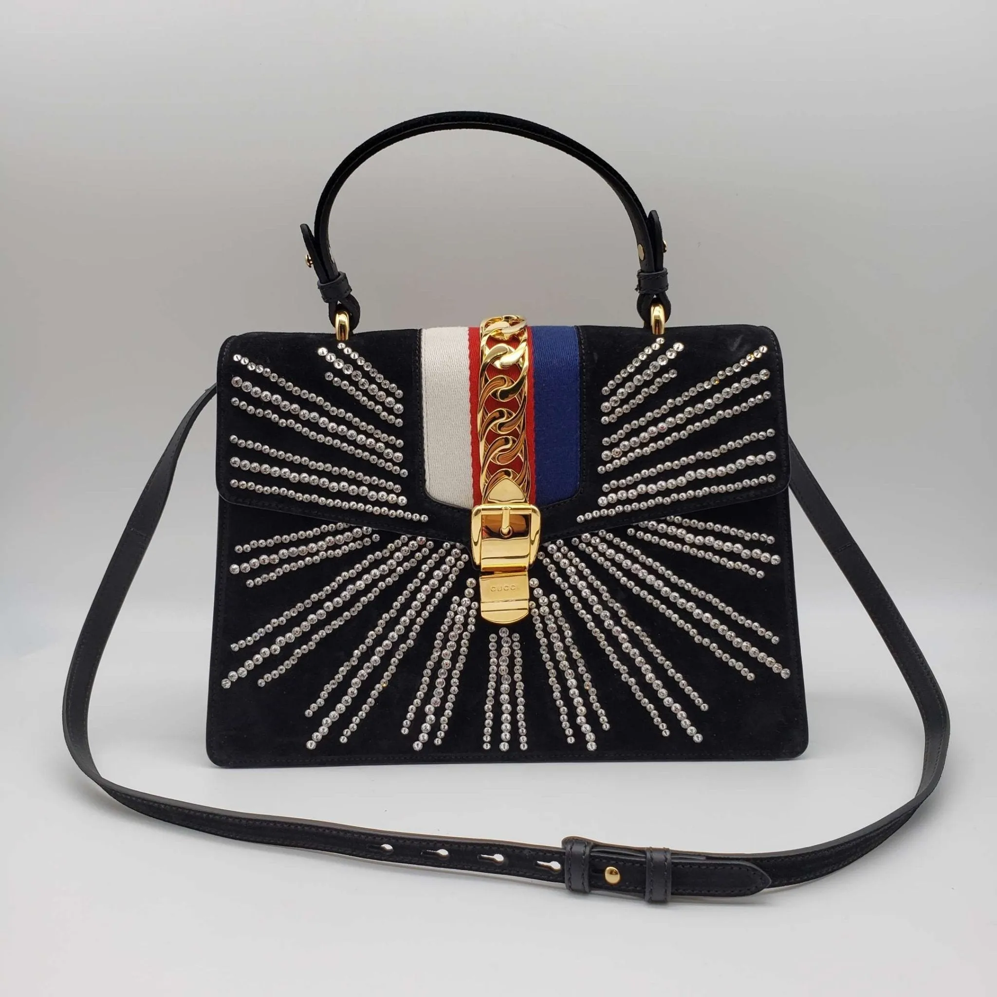 Gucci Sylvie Black Satin and Crystal Vintage Web Shoulder Bag