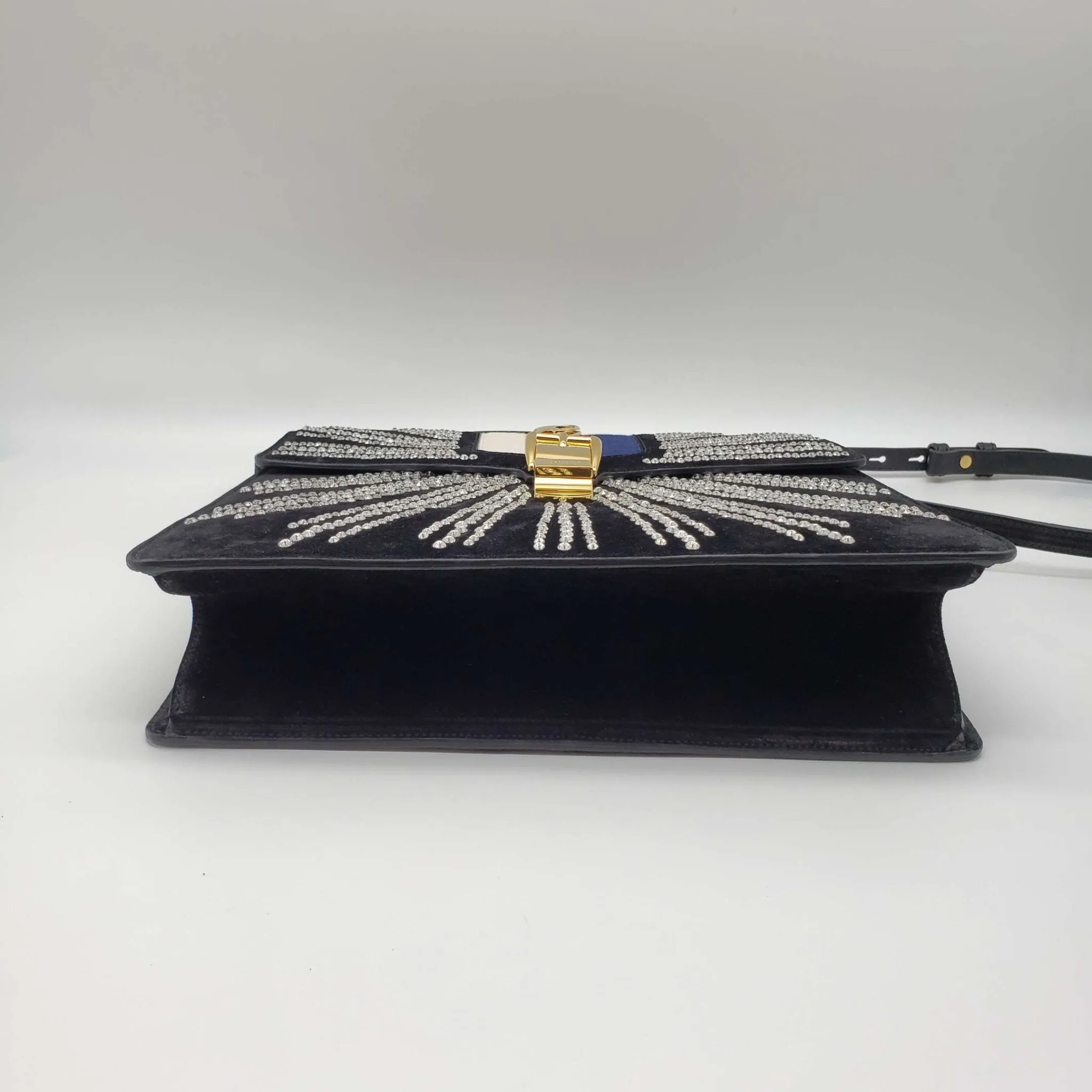 Gucci Sylvie Black Satin and Crystal Vintage Web Shoulder Bag