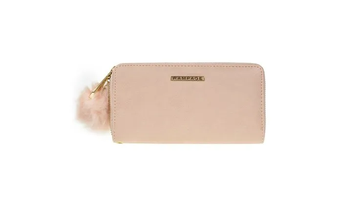 RAMAPGE Single Zip Around Wallet with Pom and Removable Wristlet