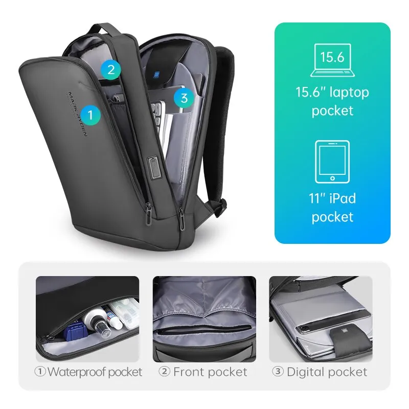 Slim Laptop Backpack for Men Business Travel Backpack USB Charging Port for  Men Water Repellent Bag