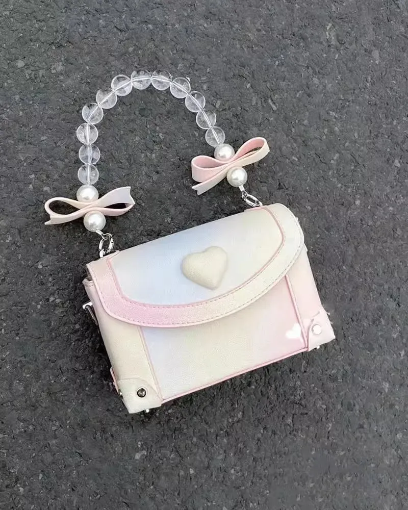 Sohiwoo Sweet Pink Messenger Bag Women Fairycore Aesthetic Handle Pearl Chain Crossbody Bags Ladies Harajuku Heart Y2k Hand Bag