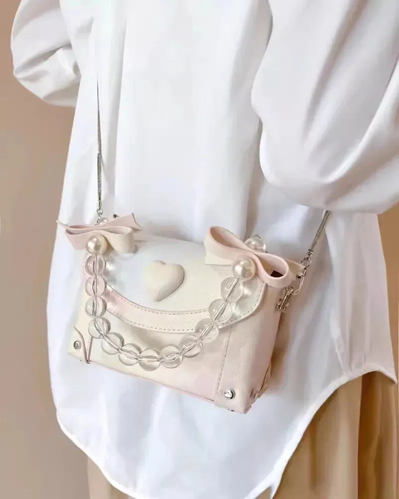 Sohiwoo Sweet Pink Messenger Bag Women Fairycore Aesthetic Handle Pearl Chain Crossbody Bags Ladies Harajuku Heart Y2k Hand Bag