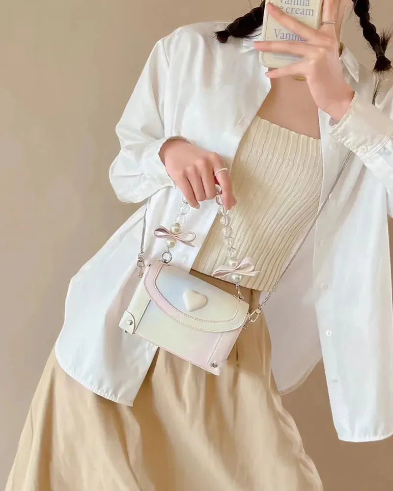 Sohiwoo Sweet Pink Messenger Bag Women Fairycore Aesthetic Handle Pearl Chain Crossbody Bags Ladies Harajuku Heart Y2k Hand Bag