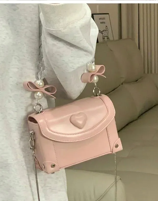 Sohiwoo Sweet Pink Messenger Bag Women Fairycore Aesthetic Handle Pearl Chain Crossbody Bags Ladies Harajuku Heart Y2k Hand Bag