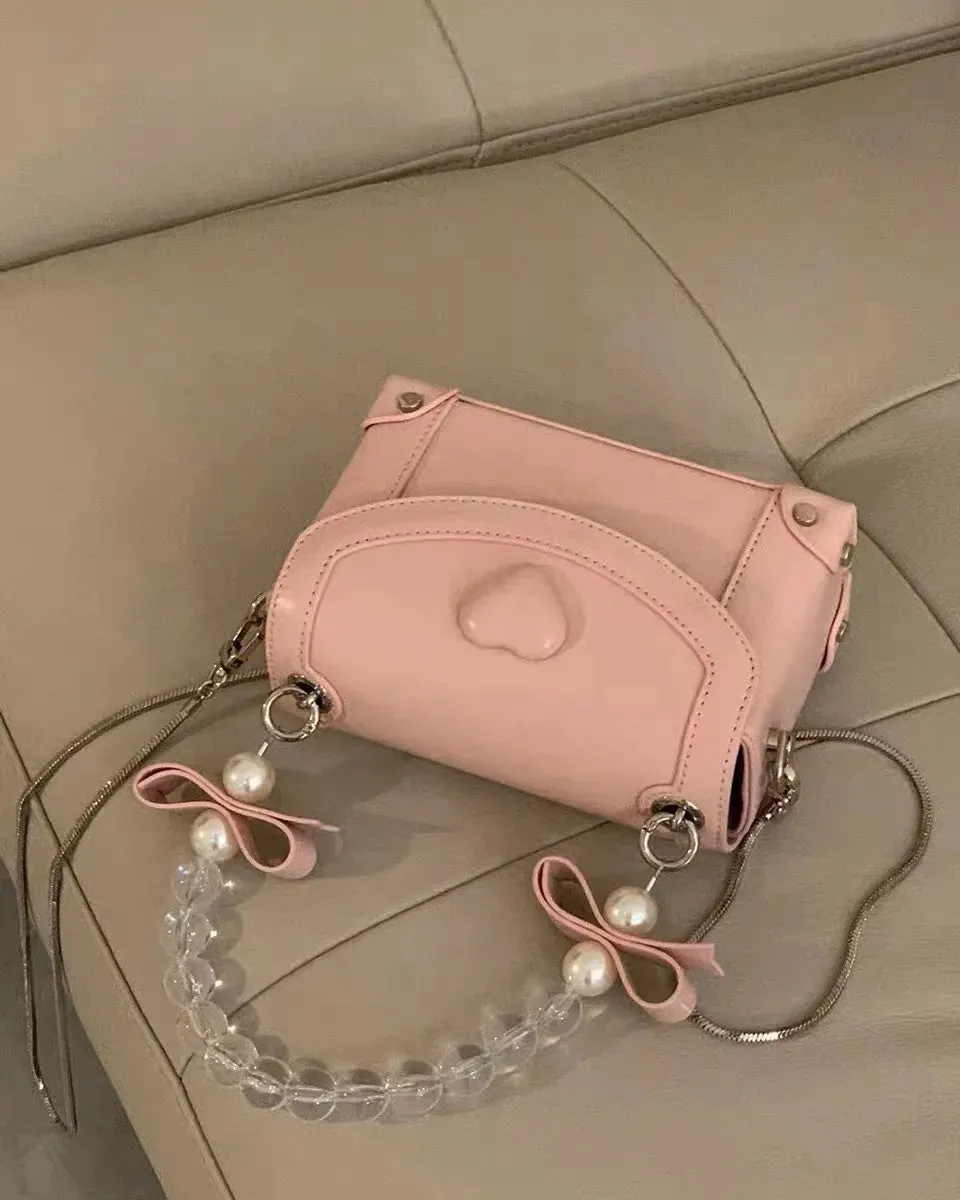 Sohiwoo Sweet Pink Messenger Bag Women Fairycore Aesthetic Handle Pearl Chain Crossbody Bags Ladies Harajuku Heart Y2k Hand Bag