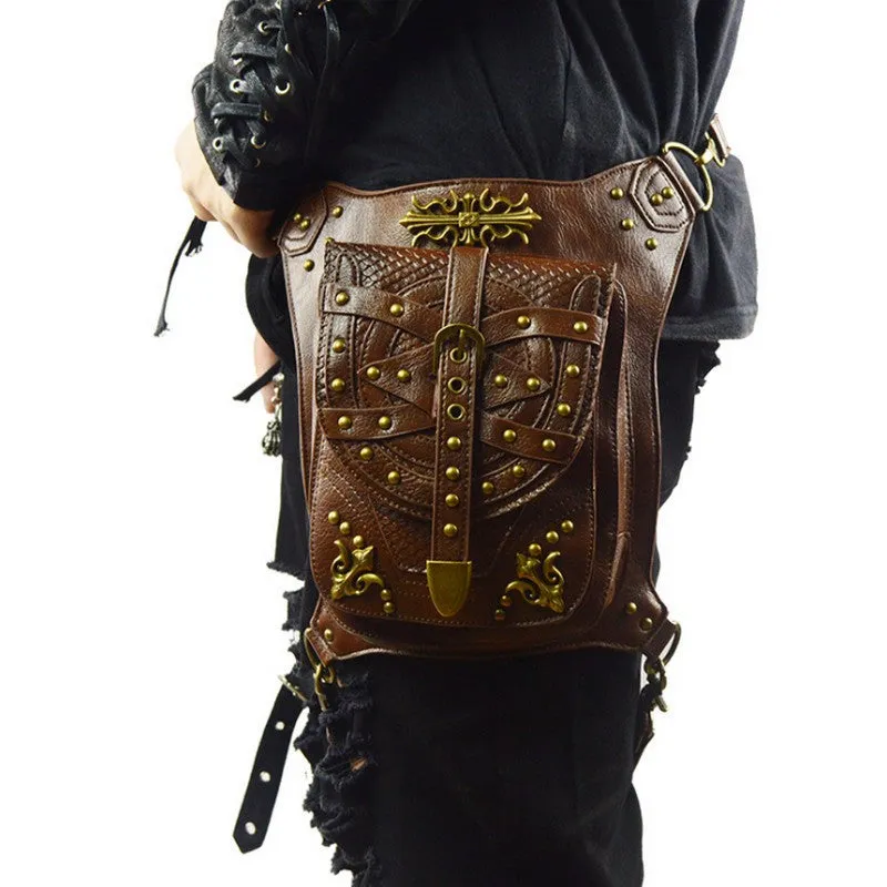 Street Style Punk Vintage Messenger Bags Men Waist Bags Rock Rivet Shoulder Bag Brown Steampunk Women  Phone Case