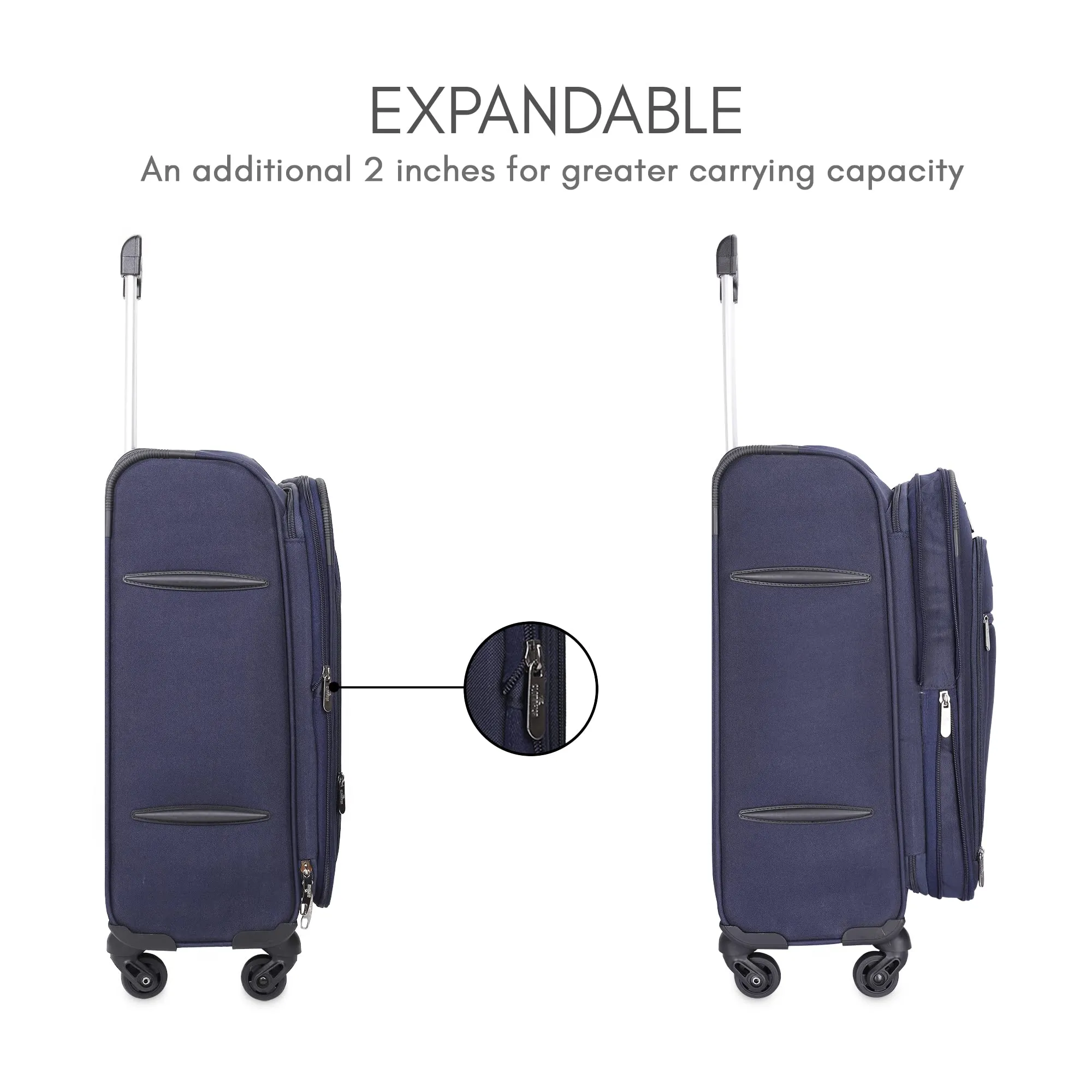 THE CLOWNFISH Jarek Series Luggage Polyester Soft Case Expandable Capacity 4 Wheels Suitcase Four Spinner Wheels Trolley Bag - Navy Blue (57 Cm, 22 Inch), Small