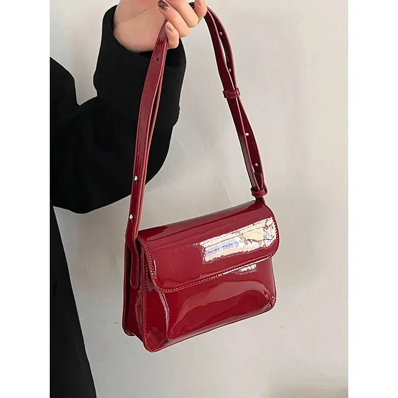 Vintage Bag Red Patent Leather Women's Shoulder Bag Fashion Ladies Small Square Purses and Handbags Simple Female Crossbody Bags