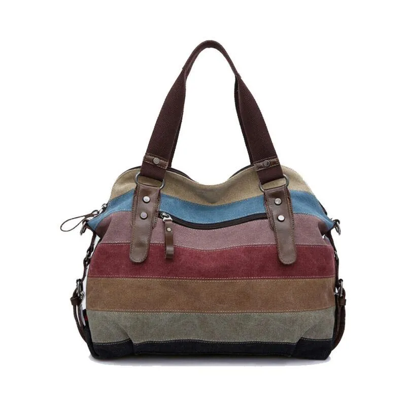 Vintage Casual Women's Large Canvas Shoulder Bags With Stripe Print