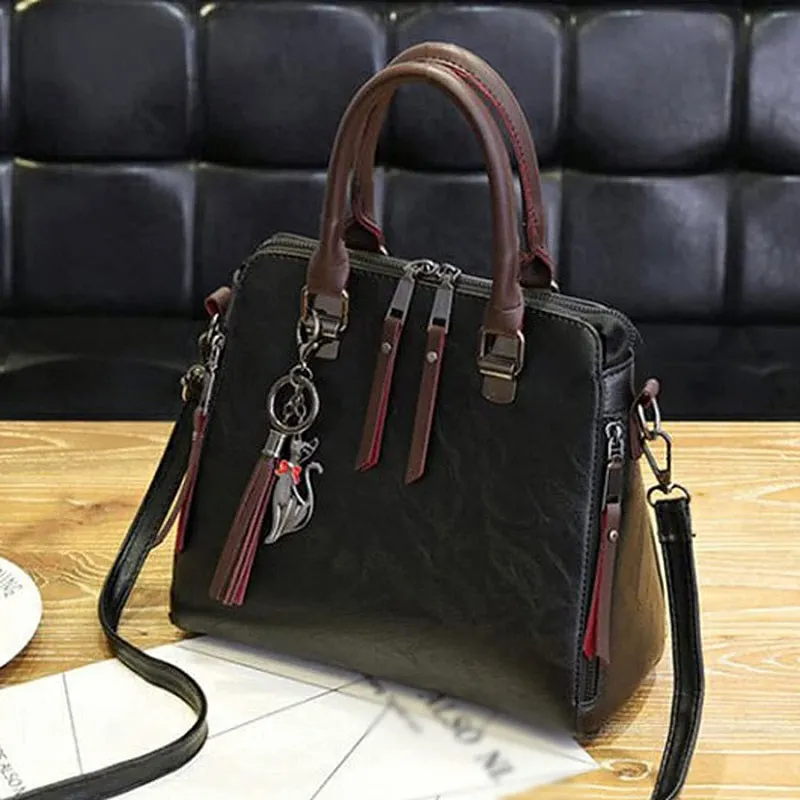 Womens Vintage Tassel Leather Handbag Zipper Shoulder Bags