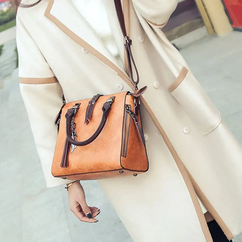 Womens Vintage Tassel Leather Handbag Zipper Shoulder Bags