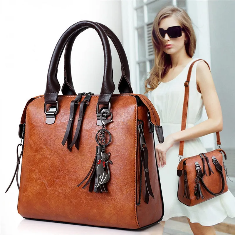 Womens Vintage Tassel Leather Handbag Zipper Shoulder Bags